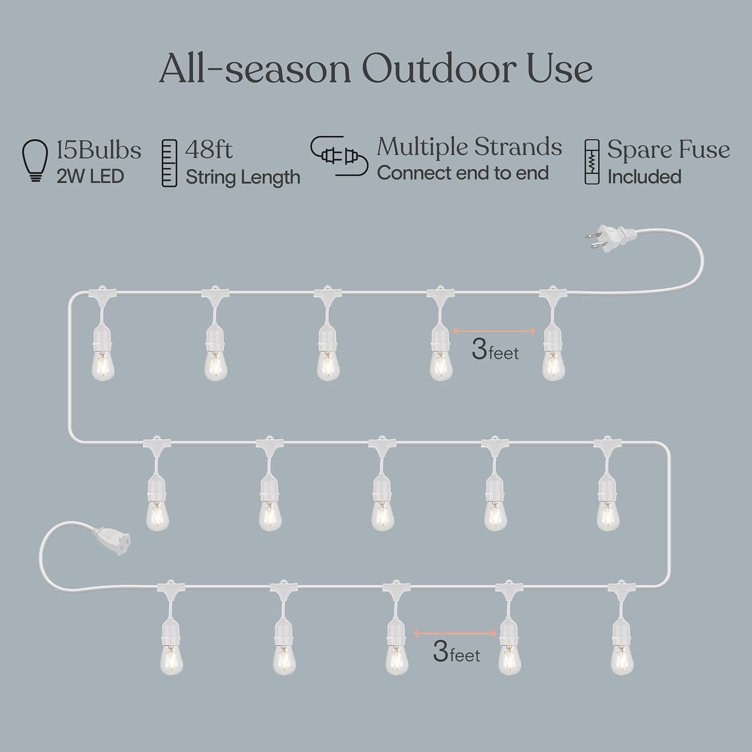 Brightech Ambience Pro Waterproof LED Outdoor String Lights, 48 Ft, Hanging, Dimmable Vintage Edison Bulbs, 15 Bulbs, 2W