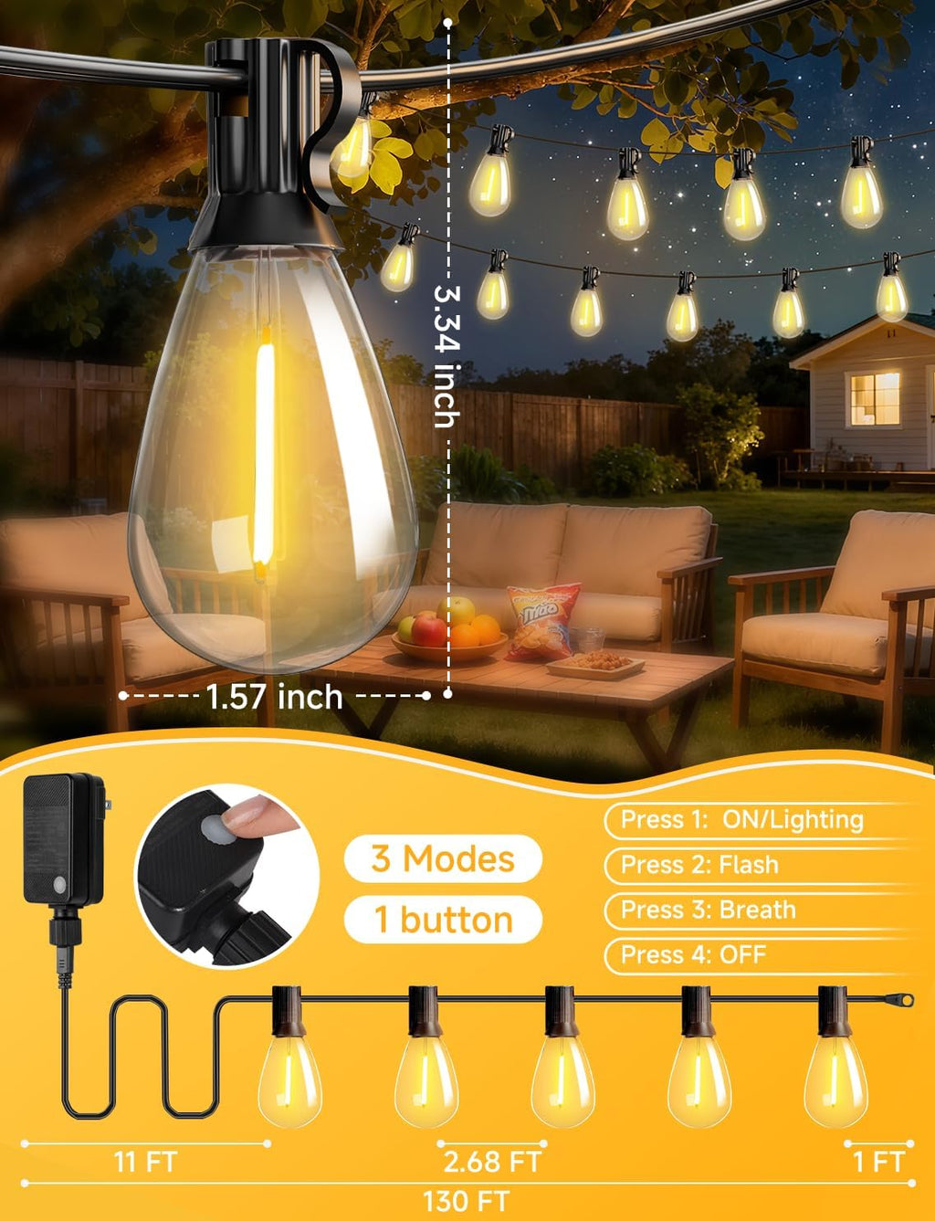 Likesky 130FT LED Outdoor String Lights with Remote Waterproof Patio Lights with Shatterproof S11 Bulbs, Dimmable Outside Hanging Light Connectable for Porch Backyard Yard Garden Decor 2700K