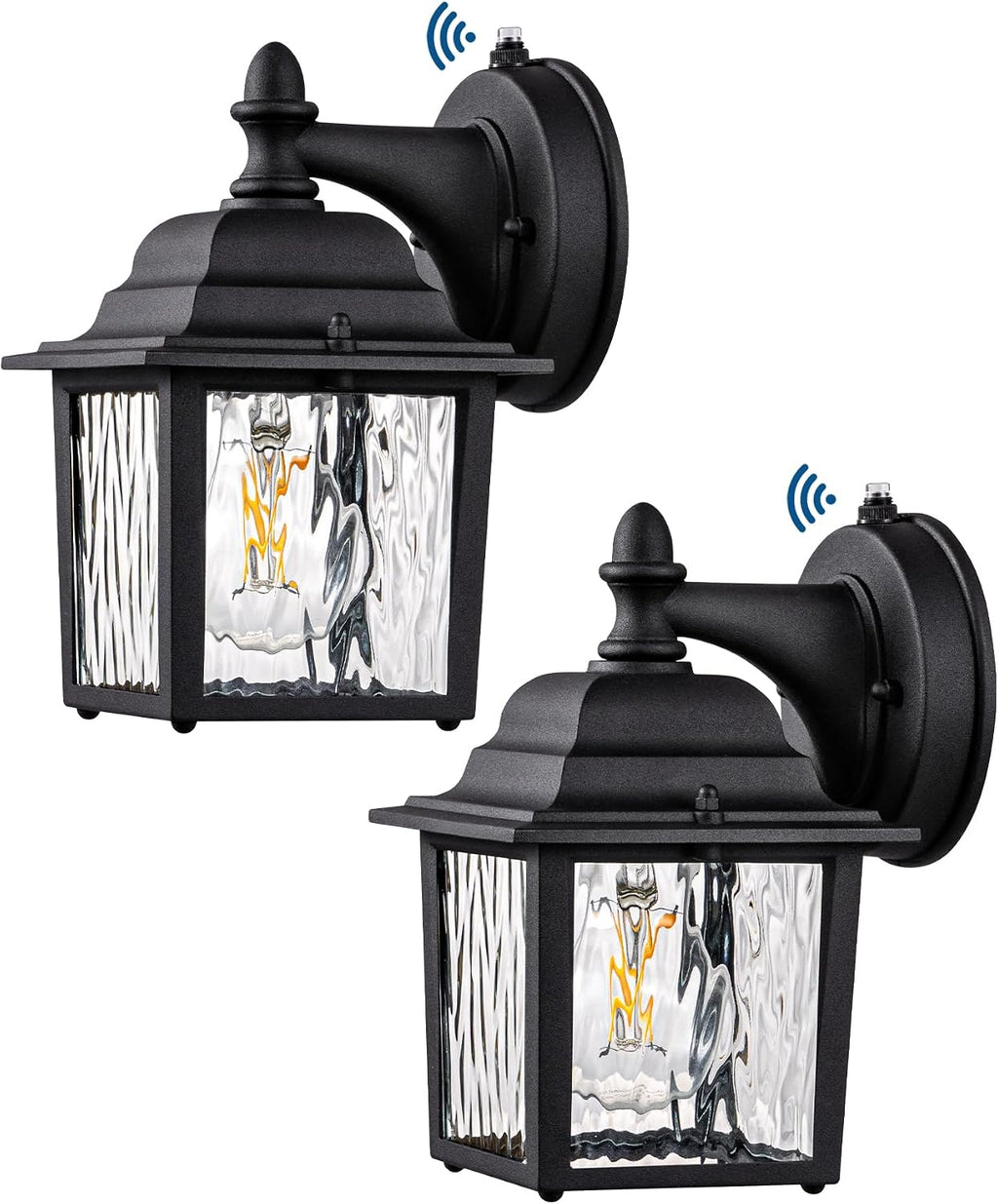 EDISHINE 2 Pack Outdoor Wall Lights, Modern Dusk to Dawn Black Porch Light | Clear Water Ripple Glass, Anti-Rust Aluminum, Standard E26 Socket, Waterproof Exterior Lighting Fixtures for Front Door