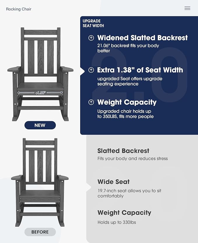 KINGYES Oversized Outdoor Rocking Chair, All-Weather Patio Rocking Chairs - Image 4