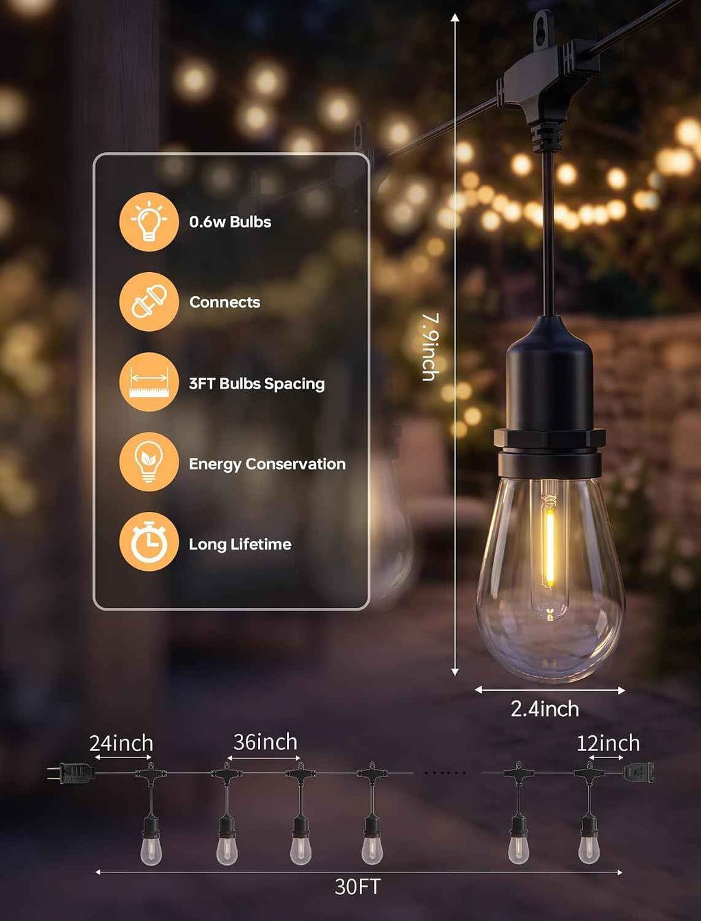 30FT Outdoor String Lights for Patio with 10+1 Shatterproof LED Bulbs | Plug-in Hanging Lights IP65 Waterproof Connectable for Balcony, Camping, Porch, Pool and Backyard; Warm White