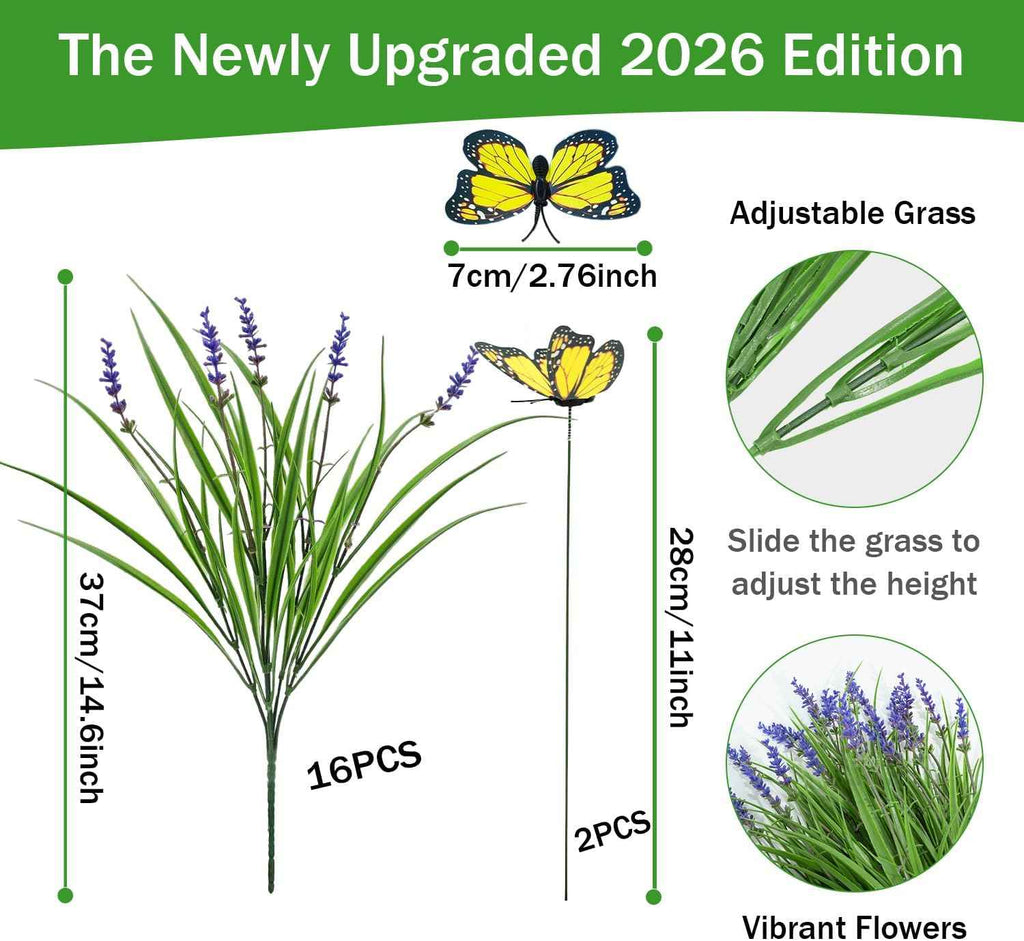 16 Bundles Artificial Outdoor Plants and 2 Pcs Butterfly Stakes Fake Monkey Grass with Flowers UV Resistant Faux Plant Greenery for Outside Planter Porch Patio Garden Window (Purple)
