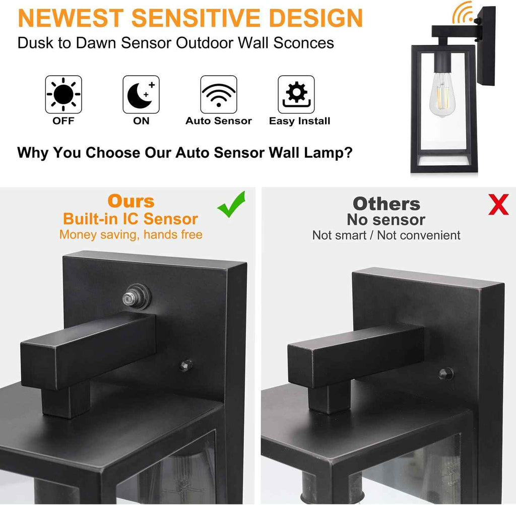 13" Dusk to Dawn Sensor Outdoor Wall Lighting, Large Waterproof Wall Sconce | Porch Lantern Fixture, E26 Socket & Glass Shade, Waterproof, Matte Black Wall Mount Lighting for Patio Front Door Entryway