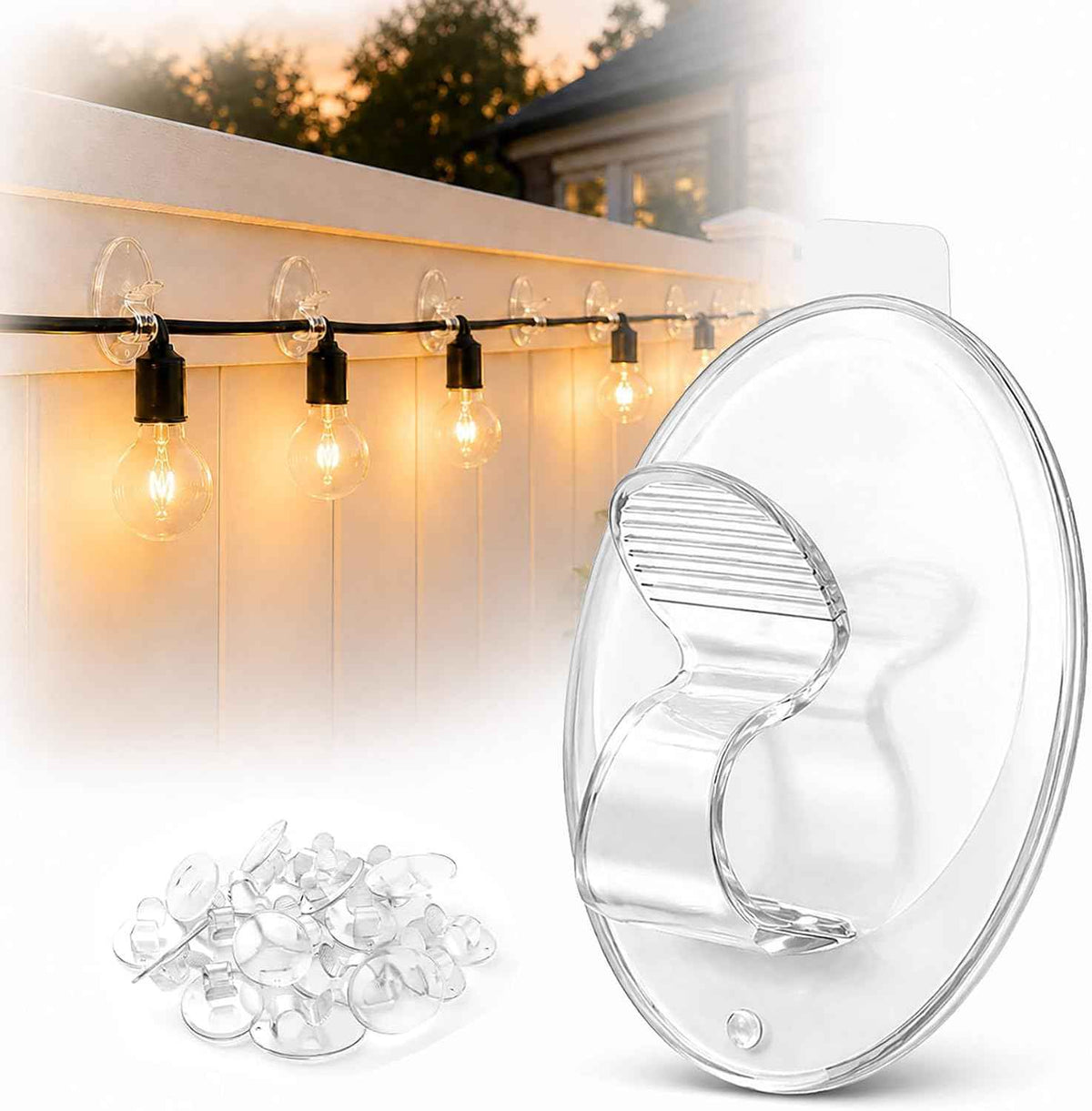Outdoor String Lights Adhesive Hooks - 20Pcs Clips 3X Stronger Adhesion | Heavy Duty Waterproof Sticky Strips - Clear Removable Cord Holders - Hanging Christmas Decor - Patio Fence Wall Indoor Garage