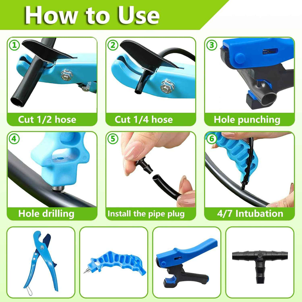 Drip Irrigation Hole Punch Tool, Pipe Cutter, Hole Punch, 100T Connectors | This 2-in-1 punching and cutting tool set comes with 100 T-fittings and is suitable for 16/20/25-millimeter PE pipes.