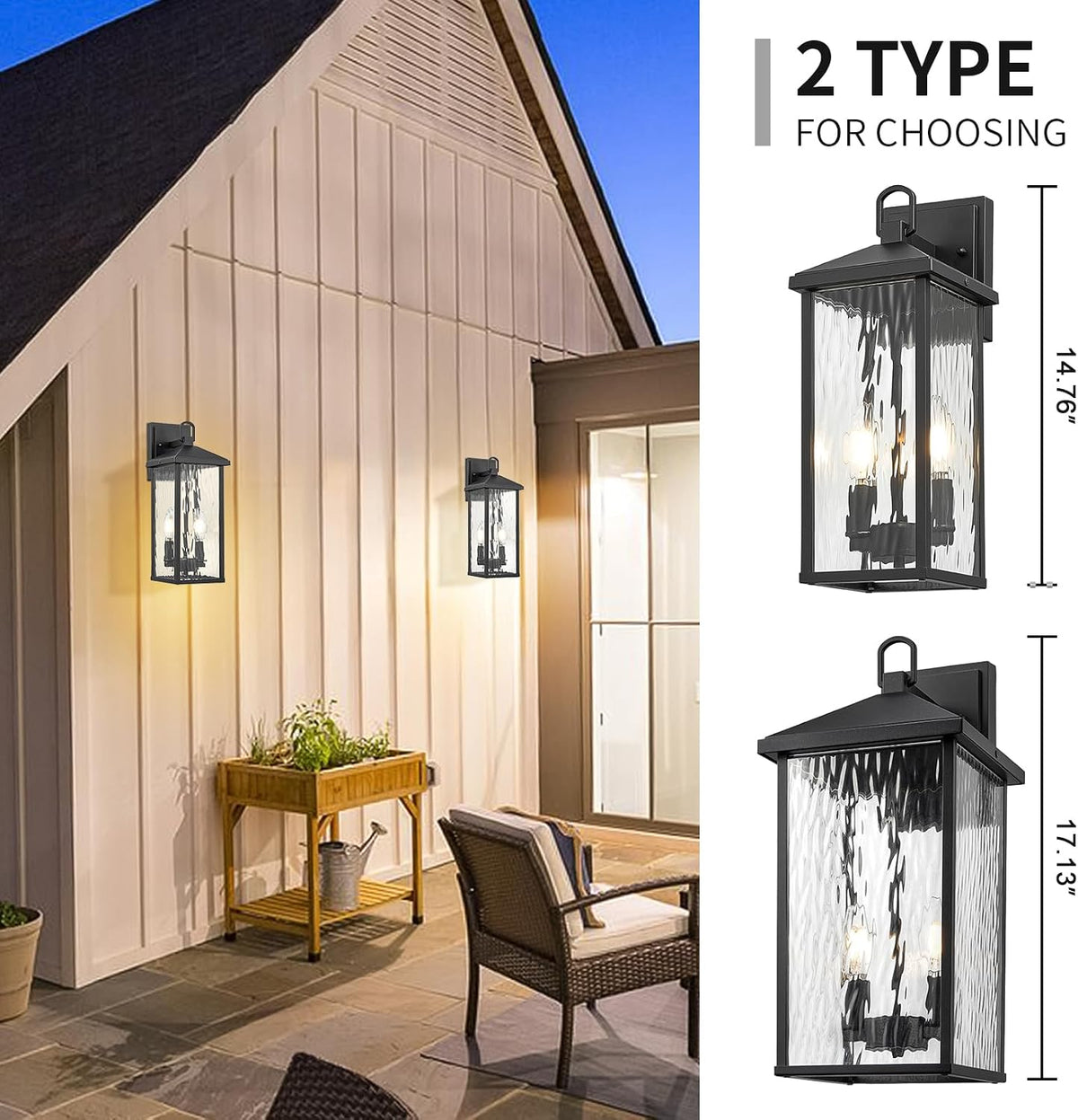 Darkaway Outdoor Wall Lights, Exterior Lighting Fixtures Wall Mount Porch Lights Waterproof Outdoor Sconce with Water Ripple Glass E12 Socket for House Patio Hallway Garage