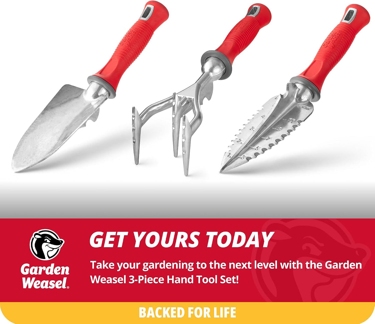 Garden Weasel 3Piece Hand Tool Set Trowel Transplanter Cultivator Gardening | Heavy duty steel combo set for digging, planting & weeding. Includes trowel, transplanter & hand cultivator for garden care