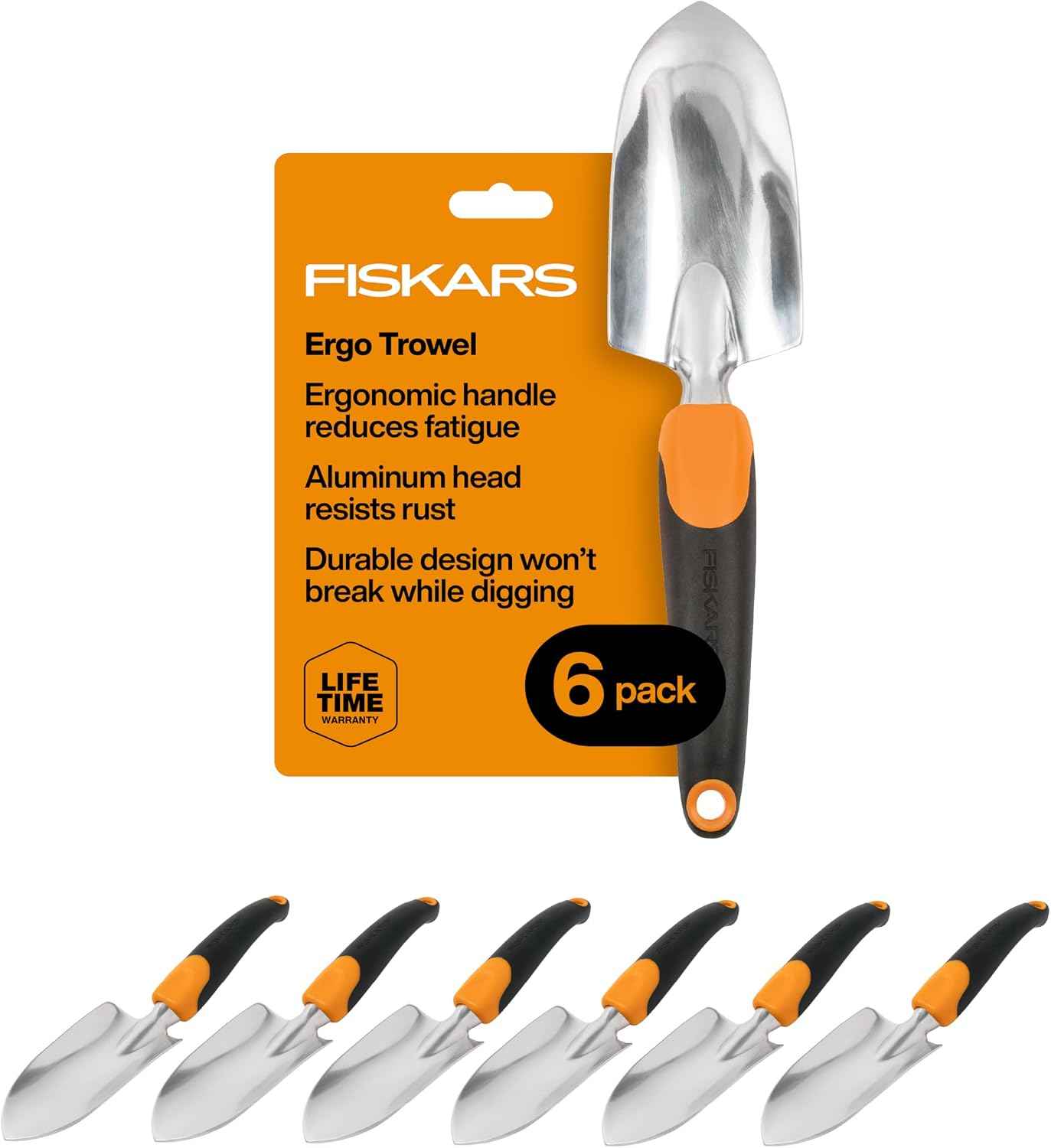 Fiskars Ergo Garden Trowel, Hand Tool for Digging & Planting, 6-Pack | Heavy-Duty Cast Aluminum Rust Resistant Head, Ergonomic Comfort Grip Handle, Hang Hole for Easy Storage, Yard Beds and Pots