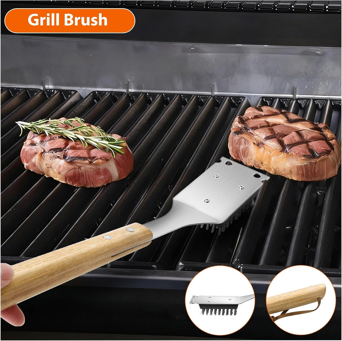 5 pcs Heavy-Duty Wooden BBQ Grilling Tools Set, Extra Thick Stainless Steel Multi-Functional Spatula, Fork, Tong, Oiling Brush & Cleaning Brush - an Excellent Barbecue Gift for Men