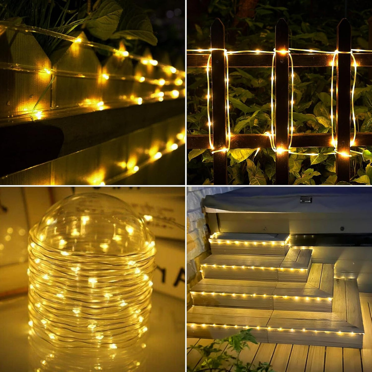 Solar Rope Lights, 66ft 200LED Solar String Lights, 8 Modes, Waterproof | Solar Outdoor Light, Flexible Clear Trampoline Light for Garden Backyard Patio Deck Porch Pool Tree Decorations - Warm White