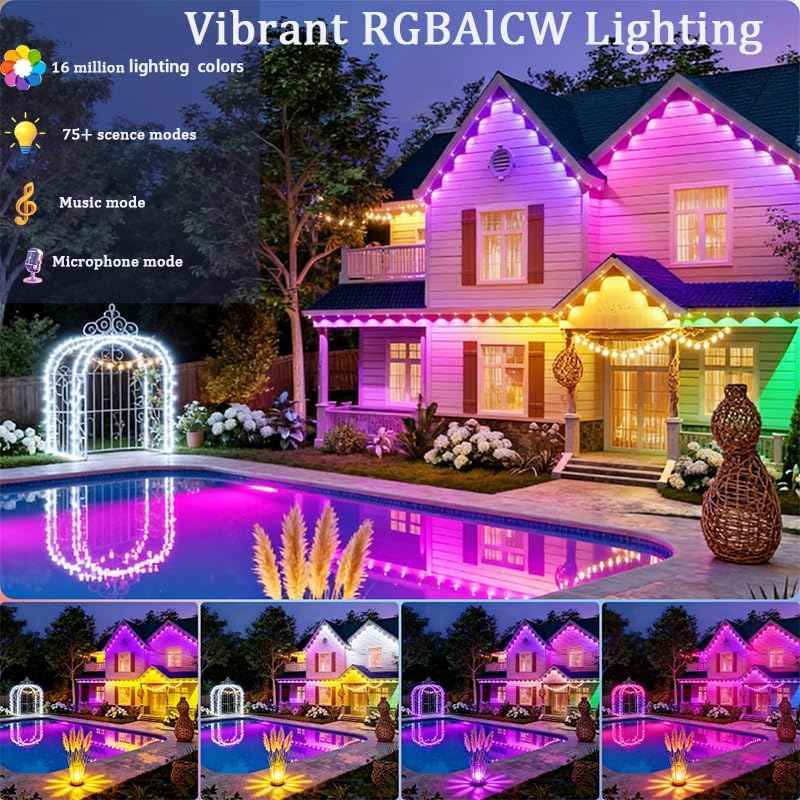 Permanent Outdoor Lights for House (5V, 54Ft (36 LED)) | Smart Outdoor Christmas Lights, IP67 Waterproof, with 213 Modes for Holiday,Party, Daily, APP/Remote Control