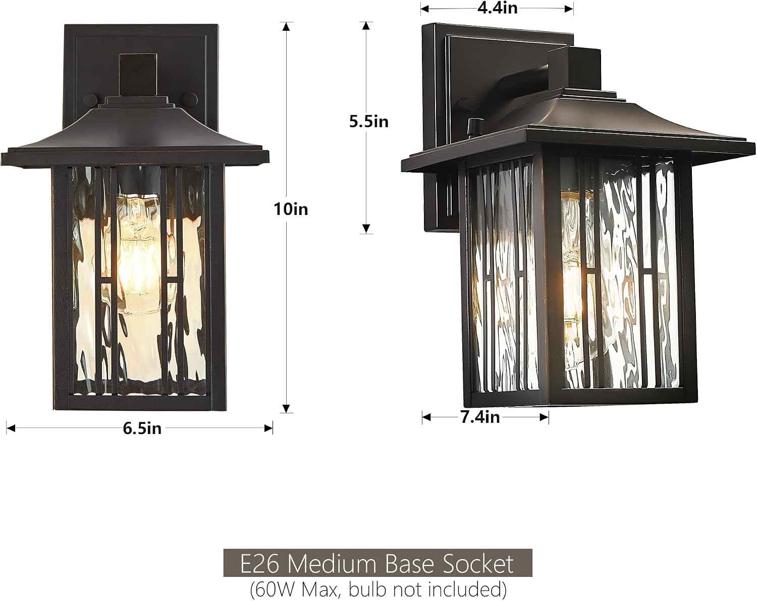 Outdoor Wall Lights Exterior, Front Porch Lights, Wall Sconce Wall Mount, Waterproof Wall Lantern with Water Ripple Glass, Black Lighting Fixtures for Garage, Patio House-2 Packs