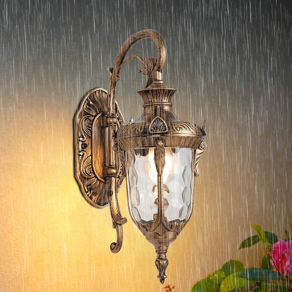 Vintage Outdoor Wall Sconce, Outdoor Wall Light Fixtures, Waterproof Porch Light with E26 Socket, Wall Mount Barn Light with Hammered Glass Shade for Front Doors, Sheds, Hallways, Terraces (Bronze)