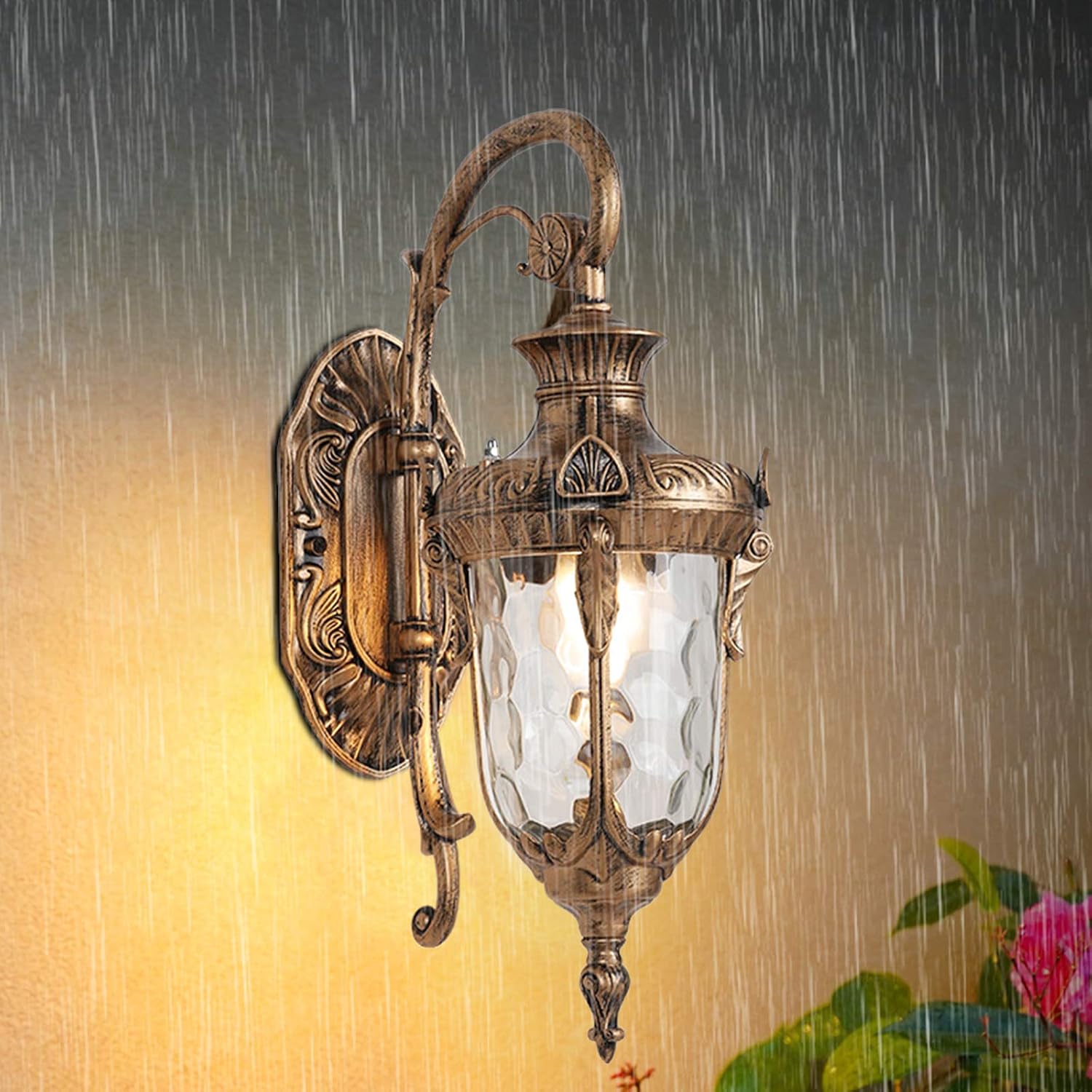 Vintage Outdoor Wall Sconce, Outdoor Wall Light Fixtures, Waterproof Porch Light with E26 Socket, Wall Mount Barn Light with Hammered Glass Shade for Front Doors, Sheds, Hallways, Terraces (Bronze)