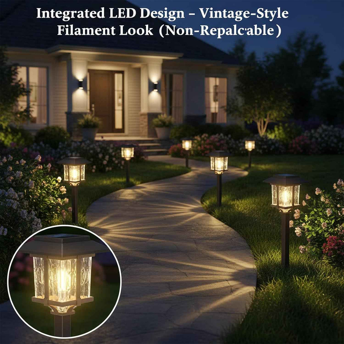 XMCOSY+ Solar Pathway Lights Outdoor 4 Pack, Warm White Solar Garden Lights | IP65 Waterproof, 2-Tone Stainless Steel & Glass, LED Edison Glow Landscape Lighting for Walkway Yard Patio Driveway Decor