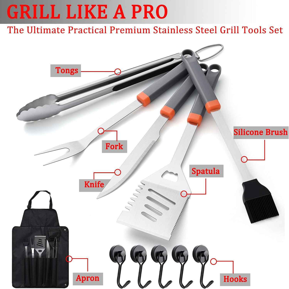 11-Piece Grill Tools Set, BBQ Grilling Accessories with Tongs & Spatua | Stainless Steel Portable Grill Tools Kit with Hooks & Apron Storage Bag for Camping, Grilling Gifts for Men Dad
