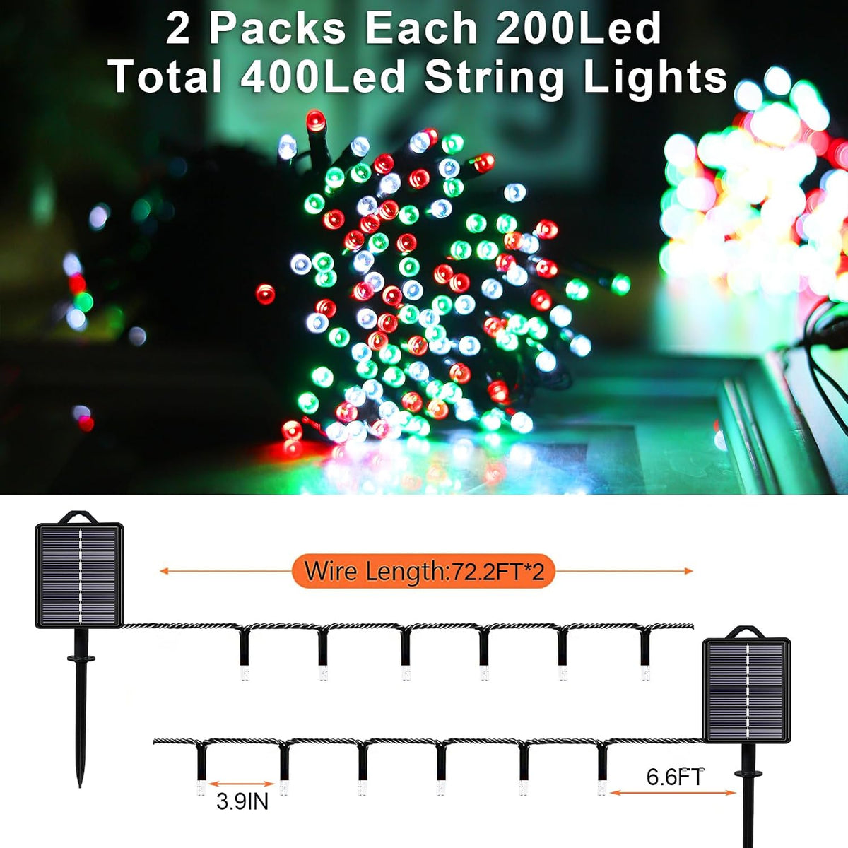 Solar Christmas String Lights, Red White Green 200Led, Outdoor | 2 Pack Total 400Led 144Ft 8 Mode, IP44 Waterproof Outside Fairy Lights for Tree, Garden, Patio, Lawn, Party, Yard Decorations