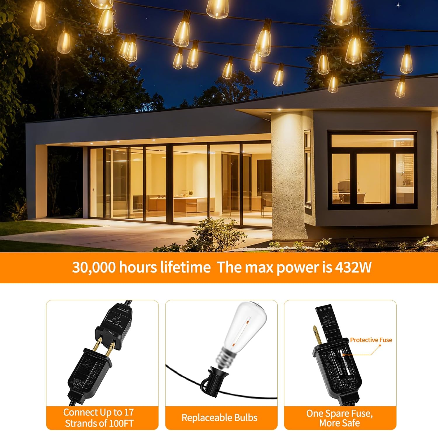 200FT ST38 Outdoor String Lights with 100 1W Plastic Shatterproof Bulbs | Pogestrand 2200K Warm White Waterproof LED Edison Hanging Connectable Patio String Lights for outside,Backyard,Bistro,Porch