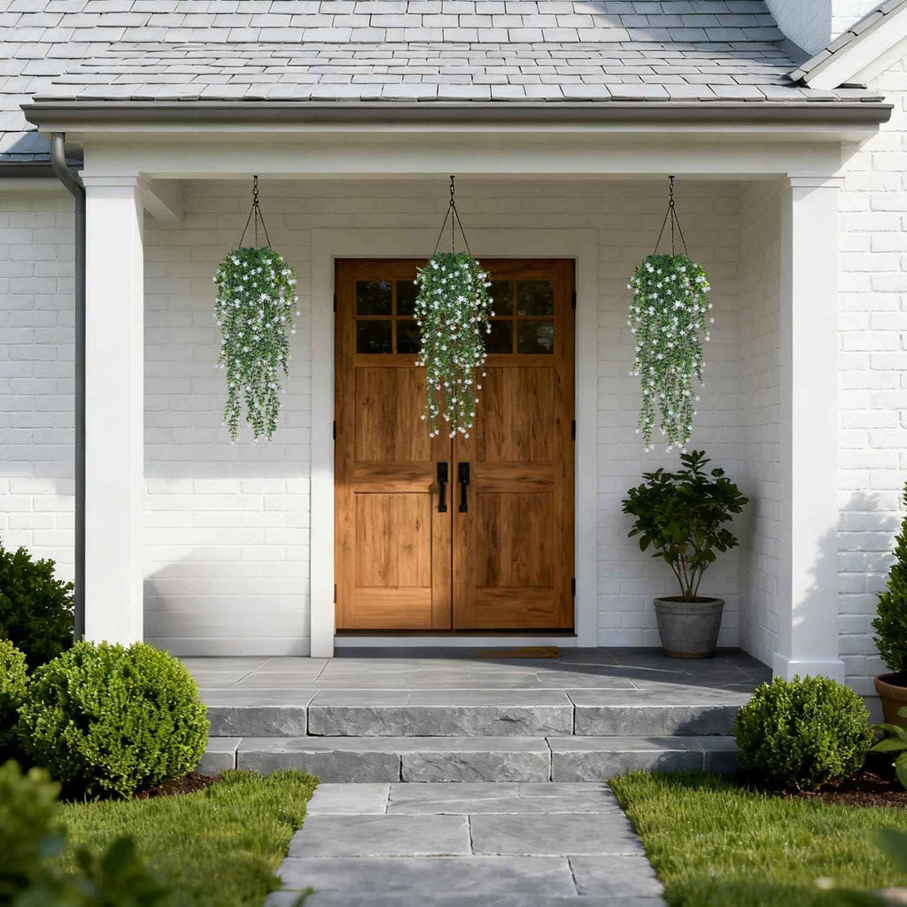 Artificial Hanging Plants, 3PCS Greenery Stems Fake Hanging Plant Eucalyptus Leaves Vine UV Resistant Plastic Plants for Porch Garden Wedding Indoor Outdoor Decor(White)