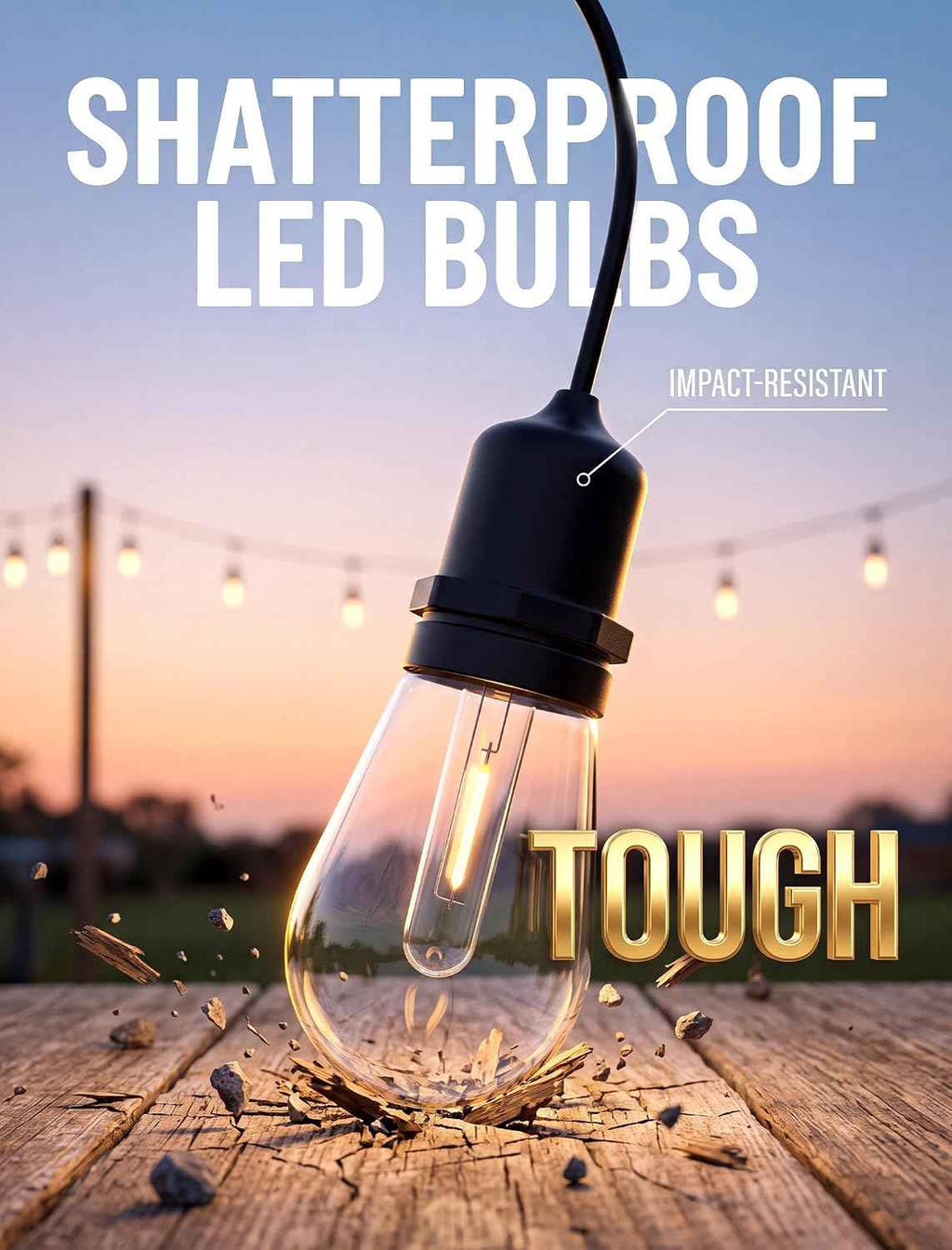 30FT Outdoor String Lights for Patio with 10+1 Shatterproof LED Bulbs | Plug-in Hanging Lights IP65 Waterproof Connectable for Balcony, Camping, Porch, Pool and Backyard; Warm White