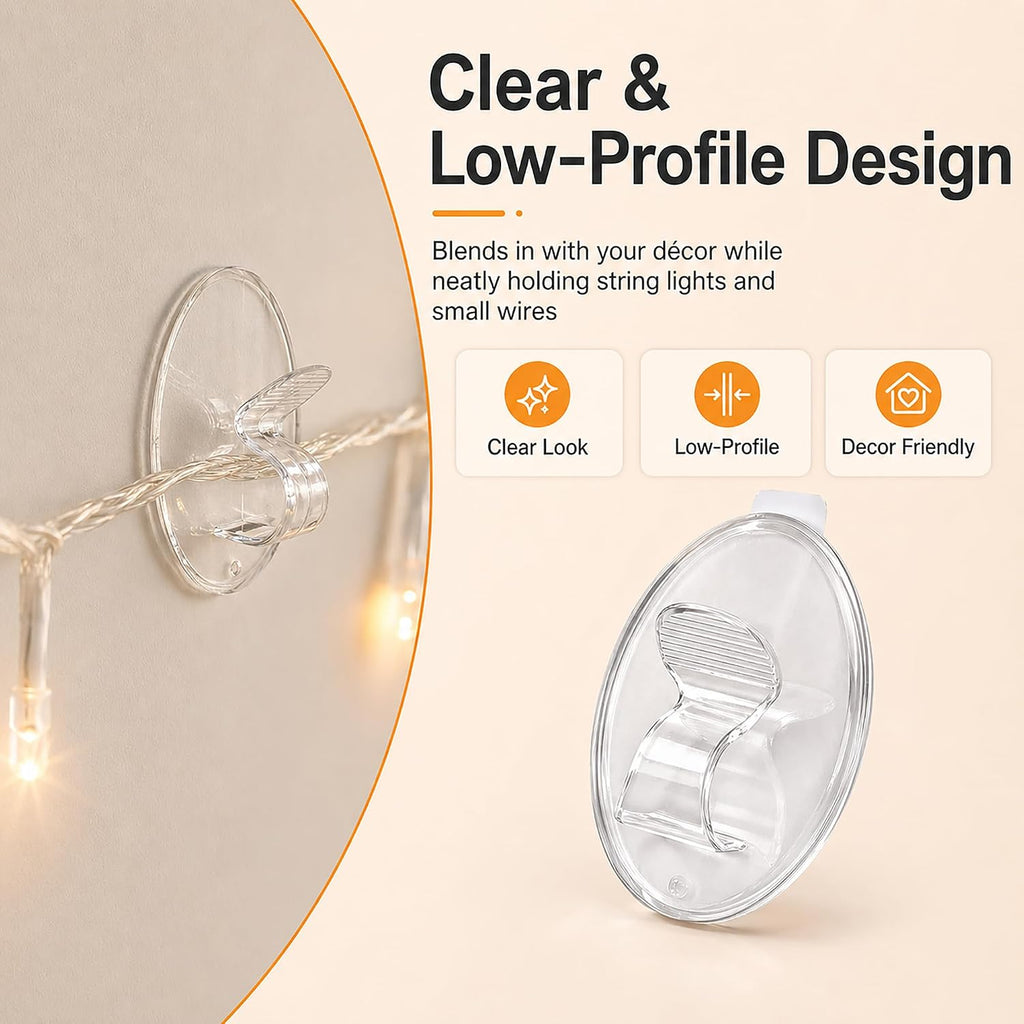 Outdoor String Lights Adhesive Hooks - 20Pcs Clips 3X Stronger Adhesion | Heavy Duty Waterproof Sticky Strips - Clear Removable Cord Holders - Hanging Christmas Decor - Patio Fence Wall Indoor Garage