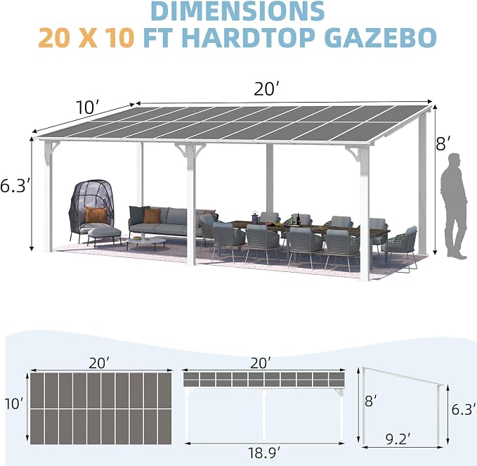 AECOJOY 20' x 10' White Gazebo Outdoor Pergola - Image 7