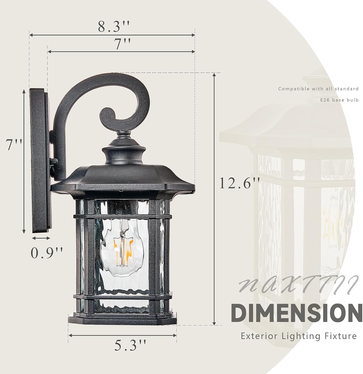 Outdoor Wall Lights Garage Outdoor Light Fixtures Waterproof Porch Light with Water Ripple Glass Black Finish E26 Socket Max 60W
