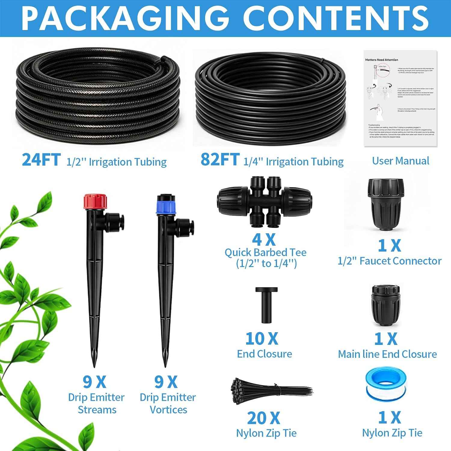 Drip Irrigation System, 106FT Quick Connect Garden Watering | Automatic watering with leak-free push-fit connectors, adjustable drip emitters for gardens, raised beds, greenhouses & lawns