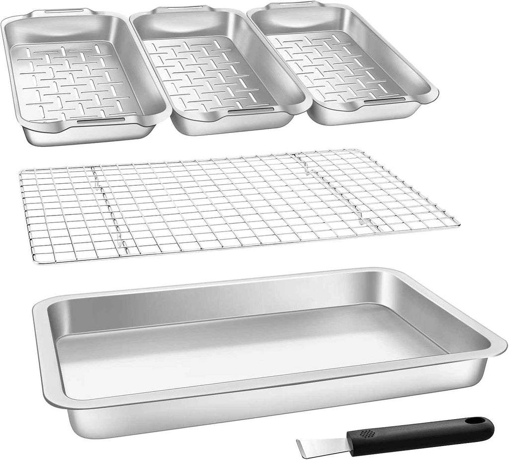 VIKEYHOME Grill Carry System, 6-Piece Stainless Steel Large Food Prep Tray, 16.5" x 11" Pan, Outdoor Grill with Cooling Rack for Vegetables, Fish, Meat, Great Grilling Gifts for Men | 16.5" x 11" Pan, Outdoor Grill with Cooling Rack for Vegetables, Fis...
