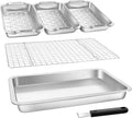 VIKEYHOME Grill Carry System, 6-Piece Stainless Steel Large Food Prep Tray, 16.5" x 11" Pan, Outdoor Grill with Cooling Rack for Vegetables, Fish, Meat, Great Grilling Gifts for Men | 16.5" x 11" Pan, Outdoor Grill with Cooling Rack for Vegetables, Fis...