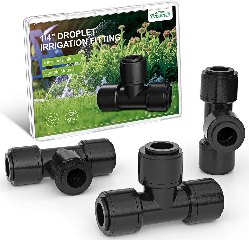 EVOULTES 16 Pack 1/4" Drip Irrigation Tee Fittings, Quick Connect | 16 Pack Tee Connectors, Fits 1/4" Irrigation Tubing, Leak Resistant Seal, Quick Push Installation, Durable Garden Use