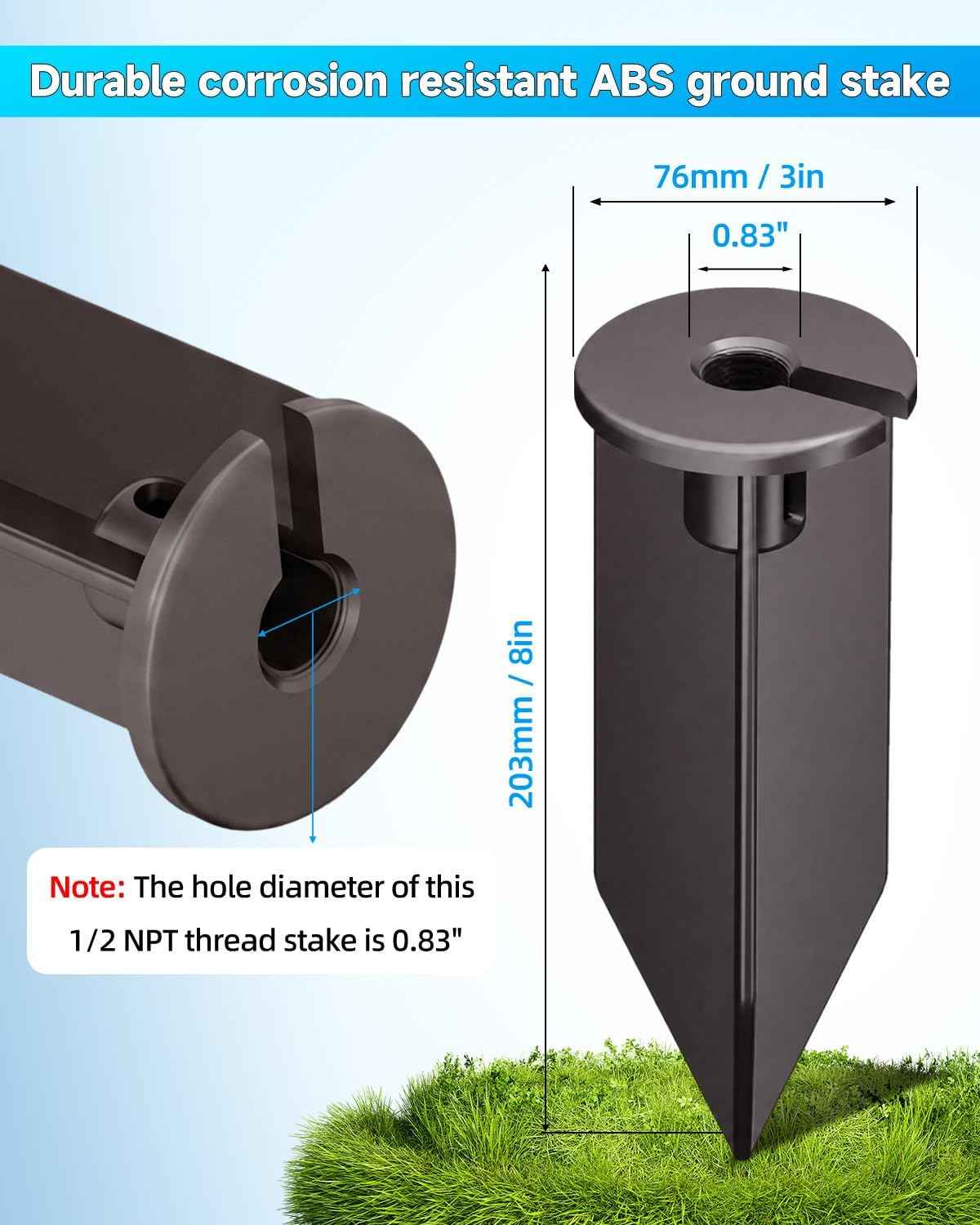 Landscape Lighting Stakes Replacement 1/2 NPT Thread Spike 2-Pack | ABS Female Thread, Fits for Kichler Light Stakes, 3" Large Head, 8" in-Ground Landscape Lighting Parts, Side Wire Way