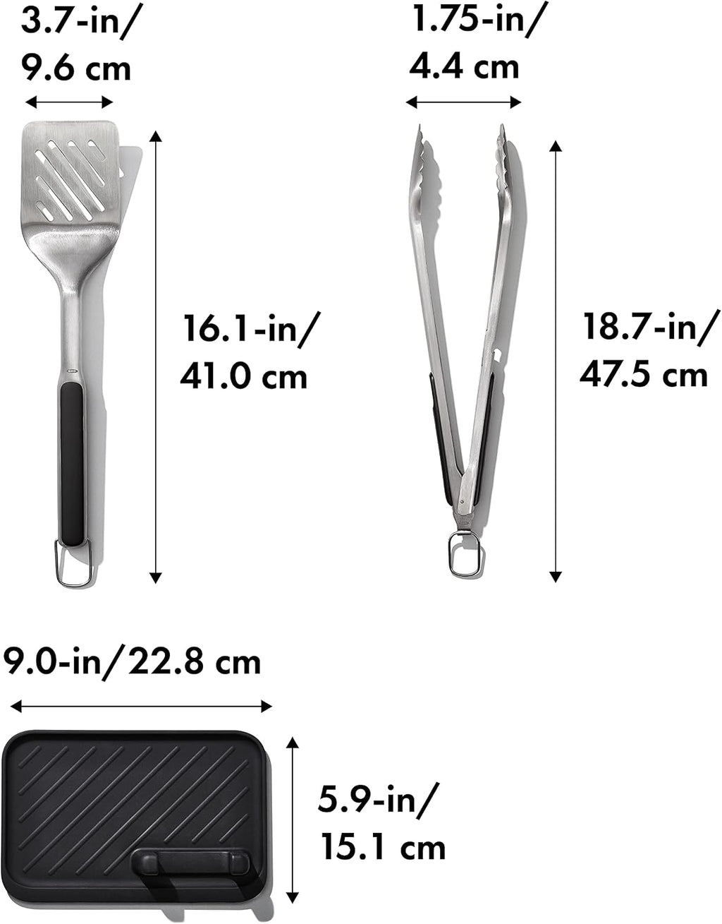 OXO Outdoor 3 Piece Grilling Tool Set | Set Includes Stainless Steel Turner, Scalloped Tongs and Tool Rest, Ideal for Grilling and BBQ