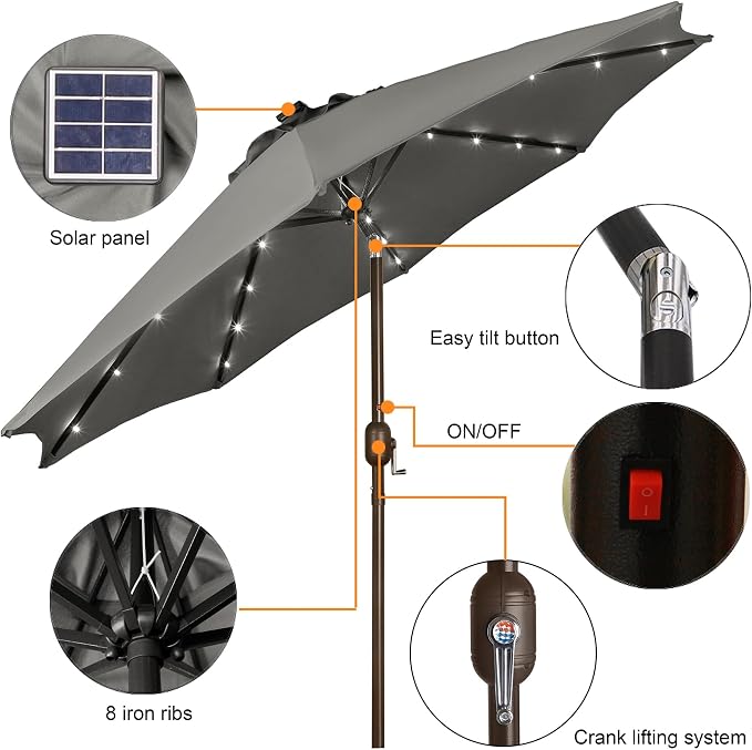 Blissun 9 ft Solar Umbrella, 32 LED Lighted Patio Umbrella, Table Market - Image 2