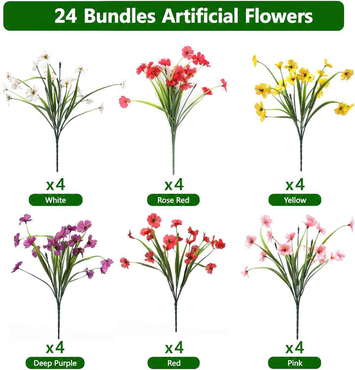 Artificial Flowers & Monkey Grass - 24 Pcs, Faux Floral Greenery 6 Colors | Flexible Stems for Easy Arrangement, Ideal for Planters, Porches, Patios & Farmhouse Decor. Pot & Window Box Not Included