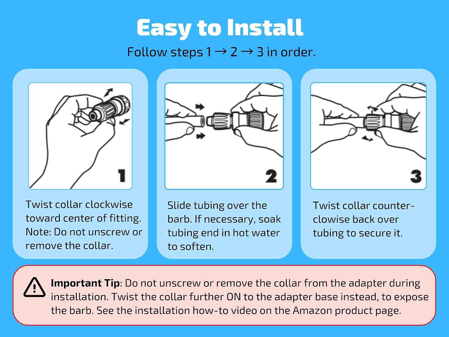 3-Pack 1/2 Inch Drip Irrigation Tubing to Faucet/Garden Hose Adapter - Reusable Connector Fittings for Most Rain Bird, Orbit, Dig, Toro 1/2 or 5/8 Tubing x 3/4" FHT