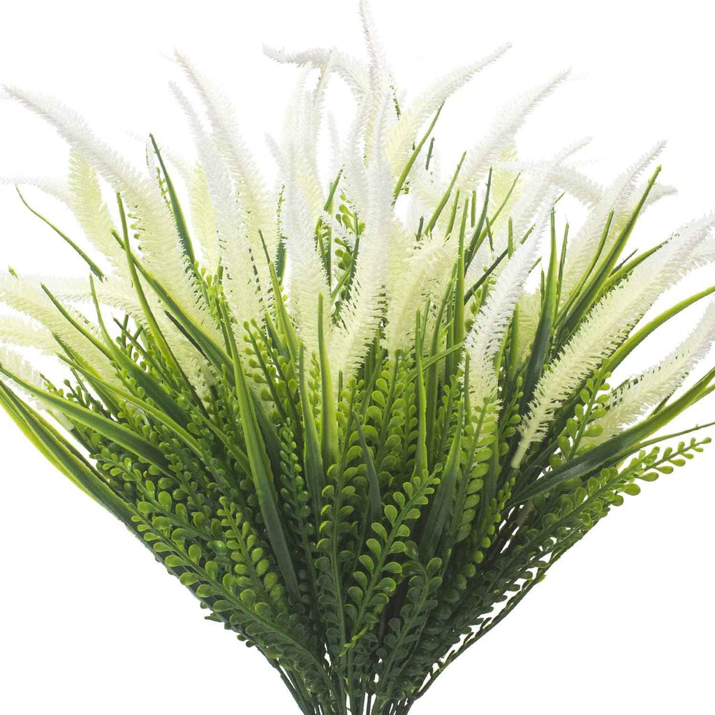 Grunyia 10 Bundles Artificial Plants Outdoor Fake Grass with Flowers UV Resistant Greenery Garden Porch Window Box Decorating (White)