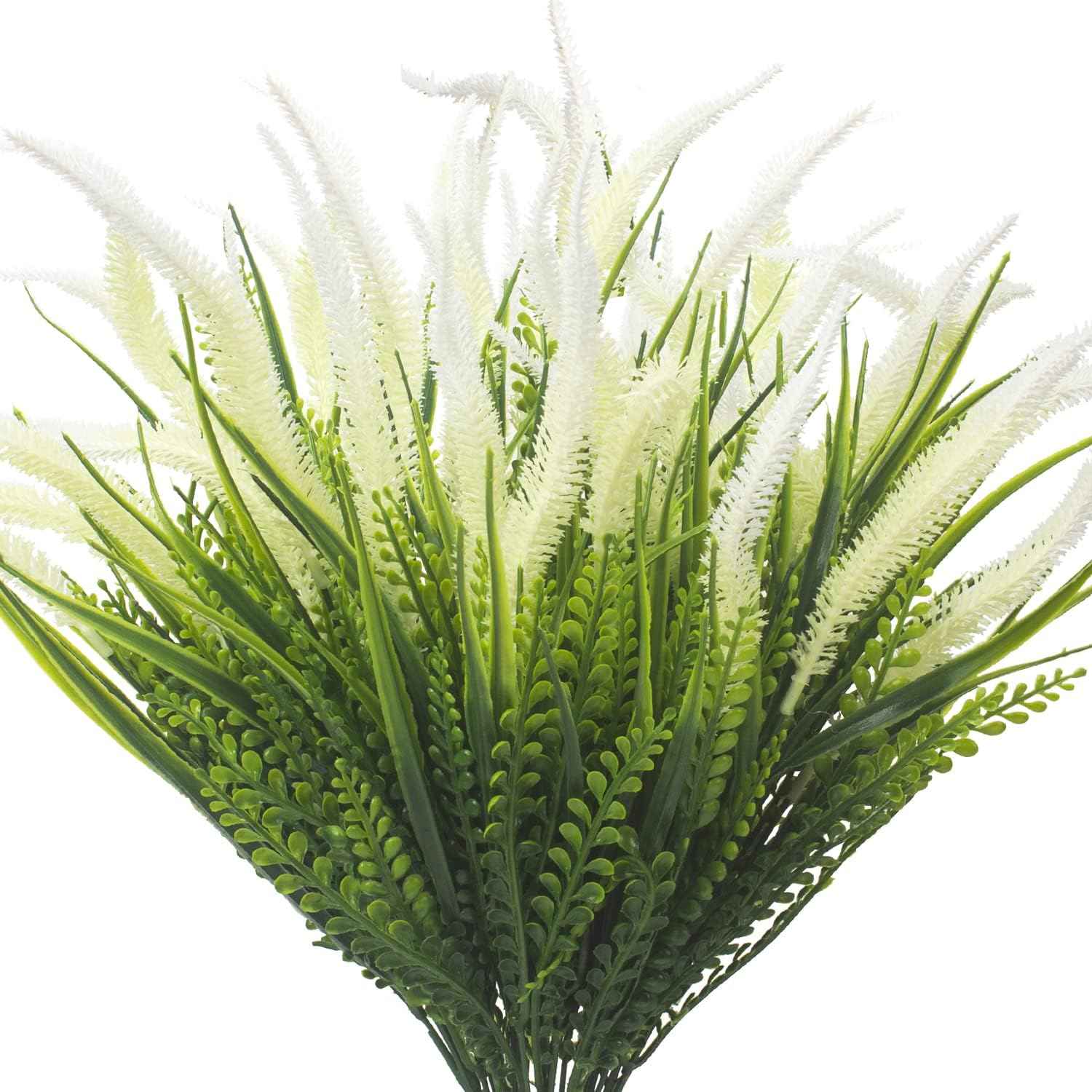 Grunyia 10 Bundles Artificial Plants Outdoor Fake Grass with Flowers UV Resistant Greenery Garden Porch Window Box Decorating (White)