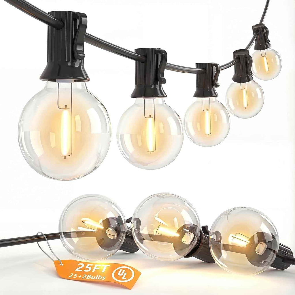 25FT G40 LED Globe Outdoor String Lights with 25 Plastic Shatterproof Bulbs | 2700K Warm White, IP65 Waterproof Hanging Connectable Globe Lights for Patio, Backyard, Bistro, Porch, Black Wire