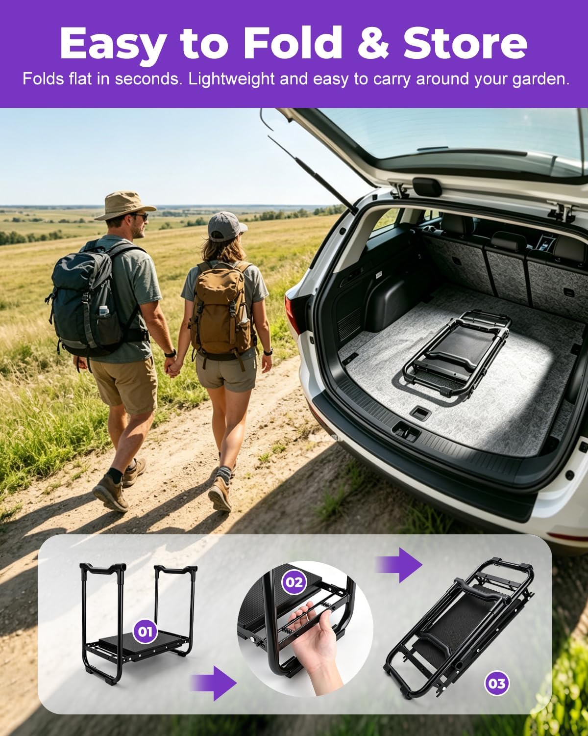 Garden Stool & Kneeler 7-Piece Set with 3 Aluminum Tools, Double-Layer Tote Bag & 2 Side Pouches - Foldable Gardening Bench Kit - Ideal Gifts for Women Mom Seniors (Purple)