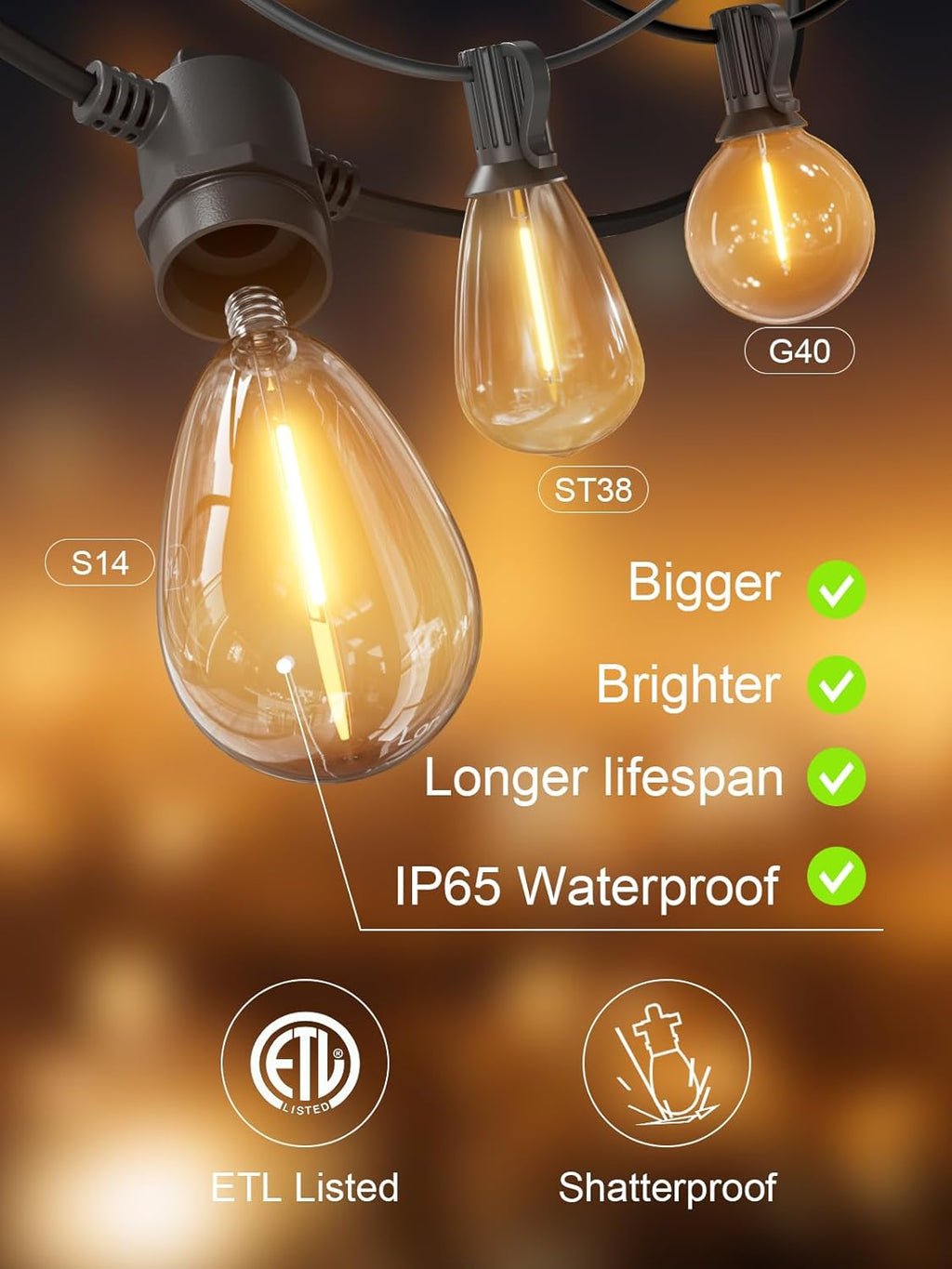 Svater 200 FT Outdoor String Lights, Patio Lights for Outside Waterproof | Shatterproof IP65 LED Bulbs, Commercial Hanging Light for Bistro Cafe Backyard Porch Dimmable, 2700K (100 FT *2)