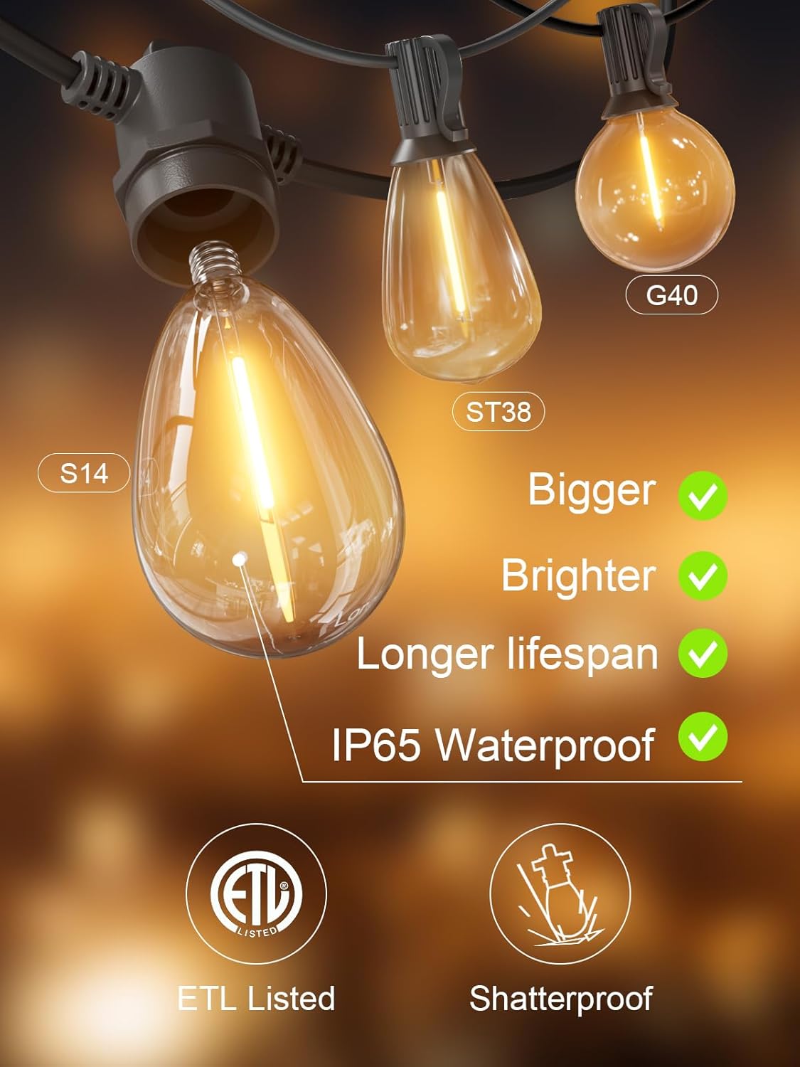 Svater 200 FT Outdoor String Lights, Patio Lights for Outside Waterproof | Shatterproof IP65 LED Bulbs, Commercial Hanging Light for Bistro Cafe Backyard Porch Dimmable, 2700K (100 FT *2)