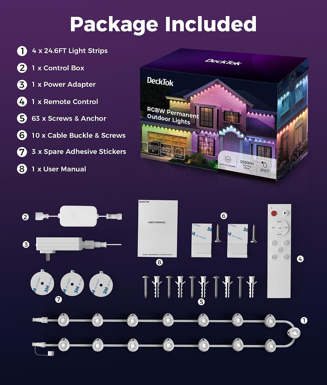 DeckTok Permanent Christmas Lights Outdoor, 100ft RGB & 60pcs LED Lights | 79 Scene Modes with Timer for Smart Outdoor Christmas Decorations, IP67 Waterproof Works with Alexa and Google Assistant