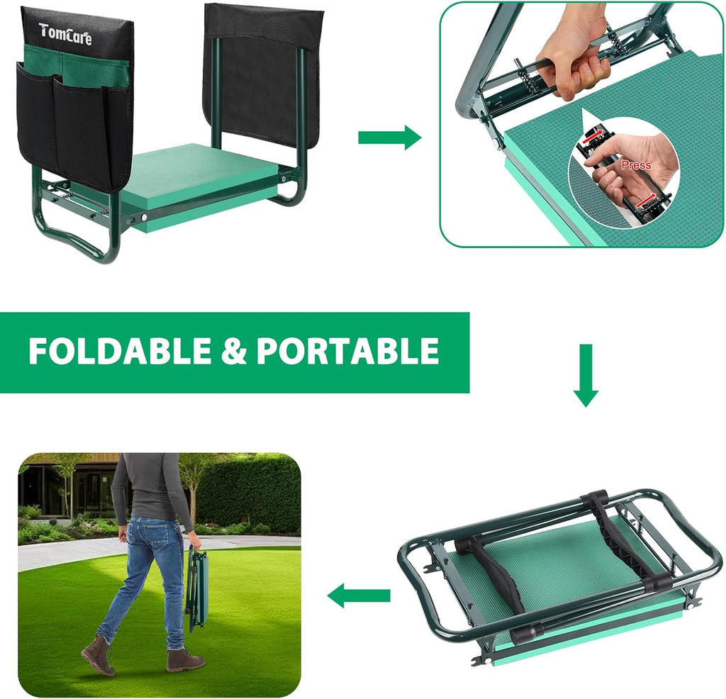 TomCare Garden Kneeler and Seat, 11.12" Kneeling Pad Sturdy Garden Bench | Heavy Duty Garden Stool, 450 lbs Load Capacity, 2 Tool Pouches, Foldable Design, Gardening Gift for Women, Men and Gardeners