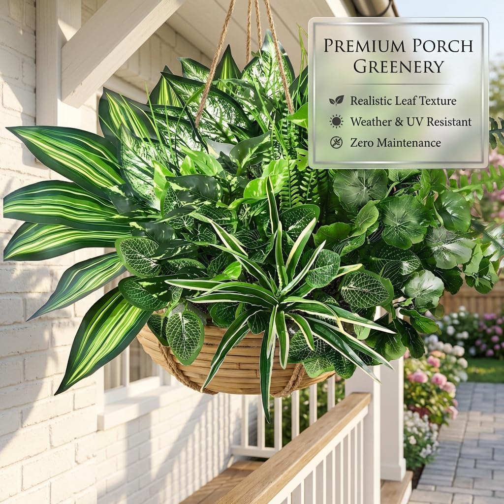 Faux Outdoor Plants, 10 Pcs UV Resistant Artificial Greenery Plants | Realistic Fake Plants, Large Bunches for Outside Patio, Porch, Garden, Window Box, Yard, Spring Summer All Seasons Decor