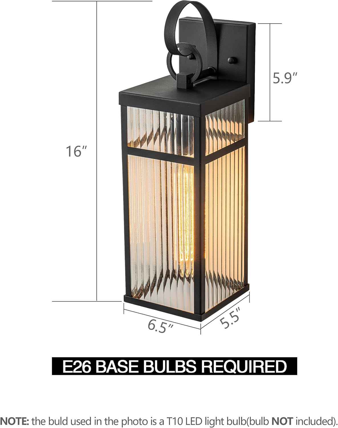Outdoor Wall Lights, 16 inch Black Wall Sconce, Modern Exterior Lighting Fixture, Porch Lantern Wall Mount with Striped Glass for Patio, House,1 Pack