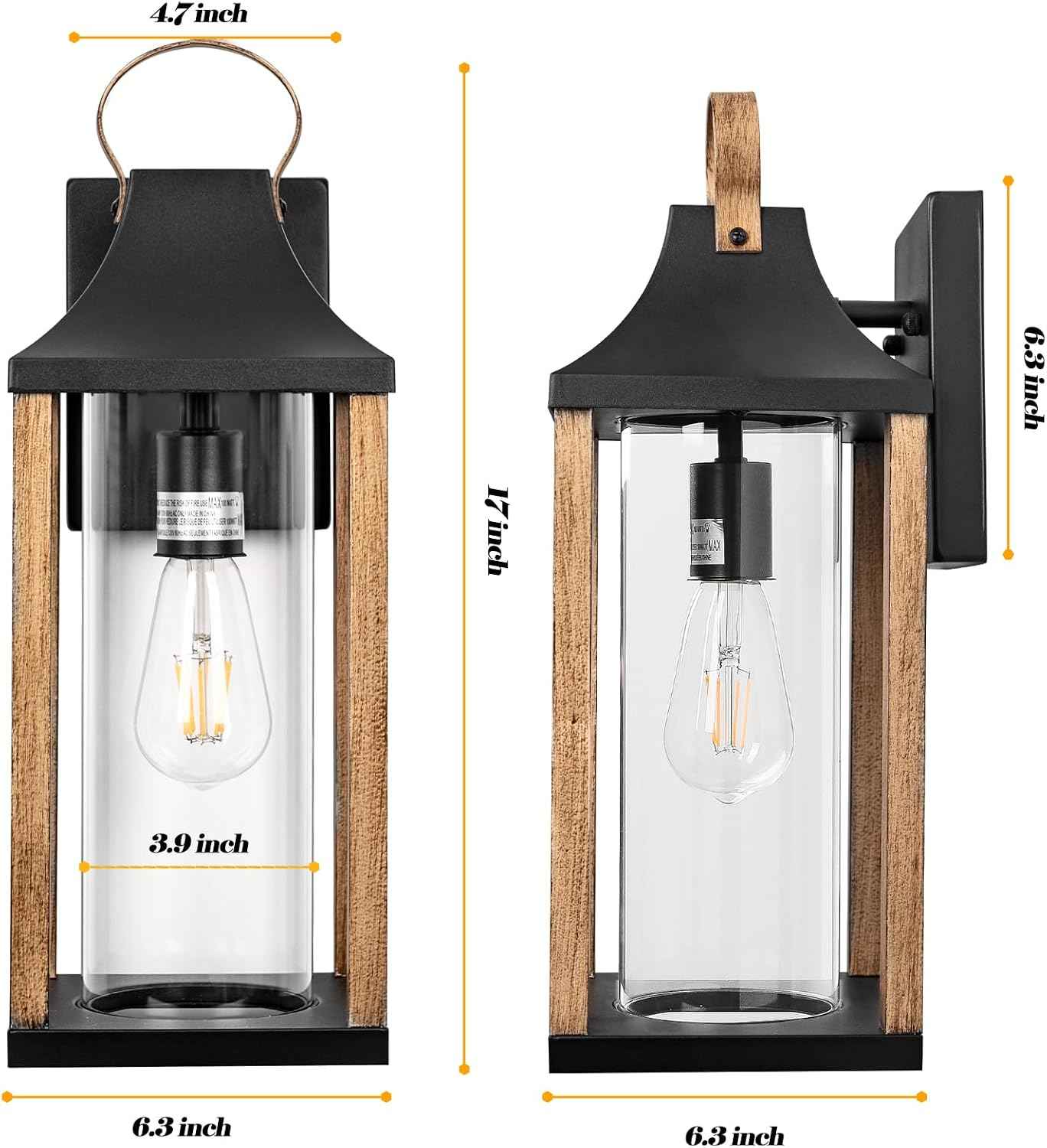 Outdoor Wall Light Rustic Wood Cylindrical Glass 17” Large | 1 Pack Exterior Wall Sconce, Farmhouse Porch Light Fixture Outside IP65 Waterproof, Patio Porch Courtyard, ETL List