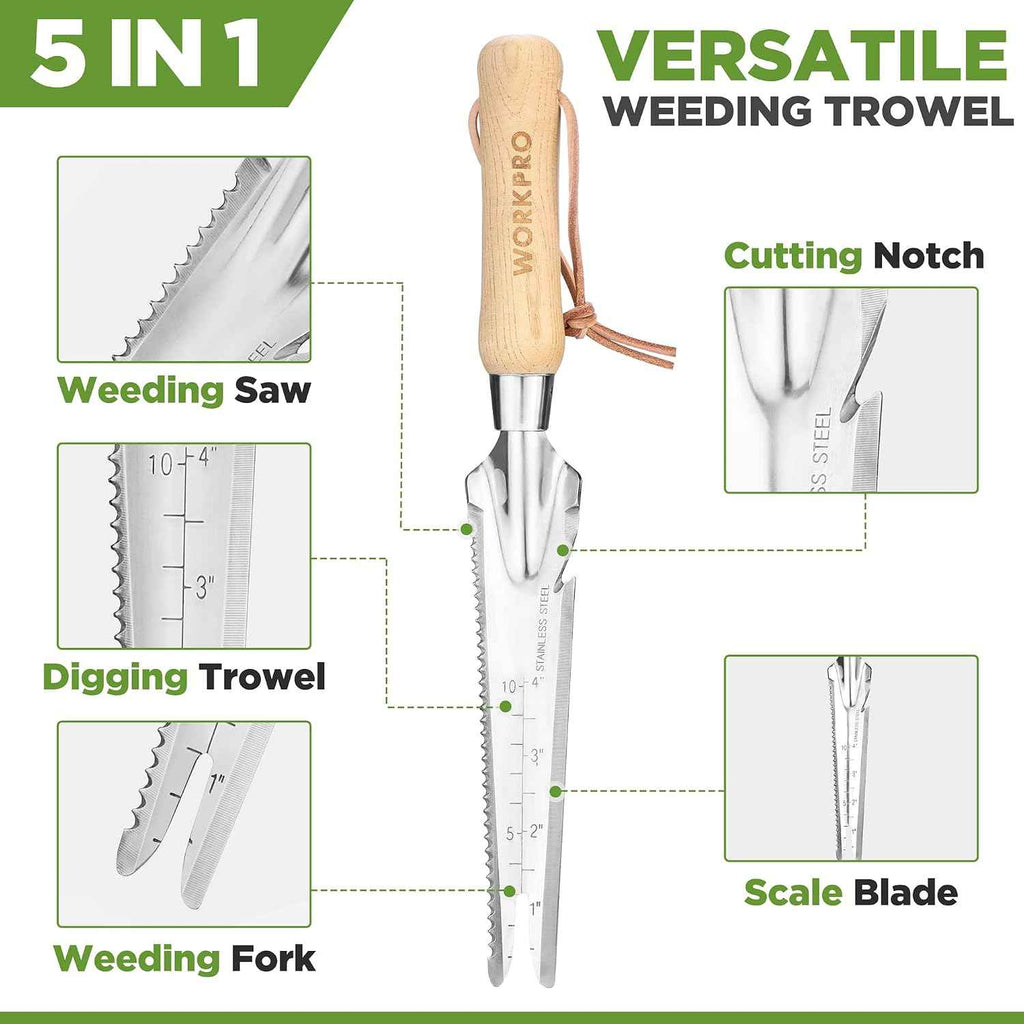 WORKPRO Hand Weeder Puller, 5-in-1 Garden Trowel with Wooden Handle | Gardening Weeding Tool for Easy Weeder Removal, Planting, Weeding, Flower & Vegetable Care in Garden Lawn Yard