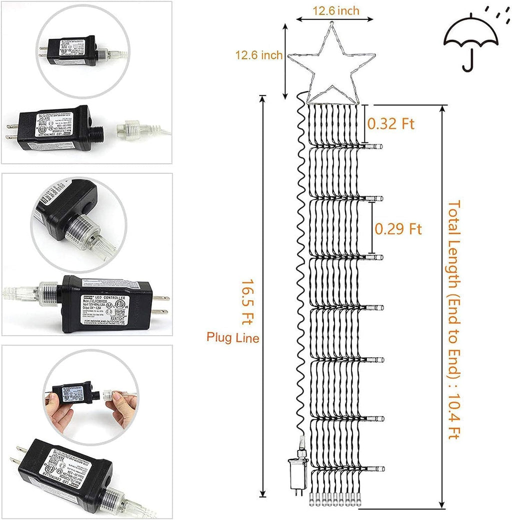 Christmas Decoration Lights, Outdoor Christmas String Lights 320 LED 11.5Ft Waterfall Tree Light with Big Star Topper Waterproof 8 Light Modes for Xmas New Year Holiday Yard Outdoor Indoor Decor