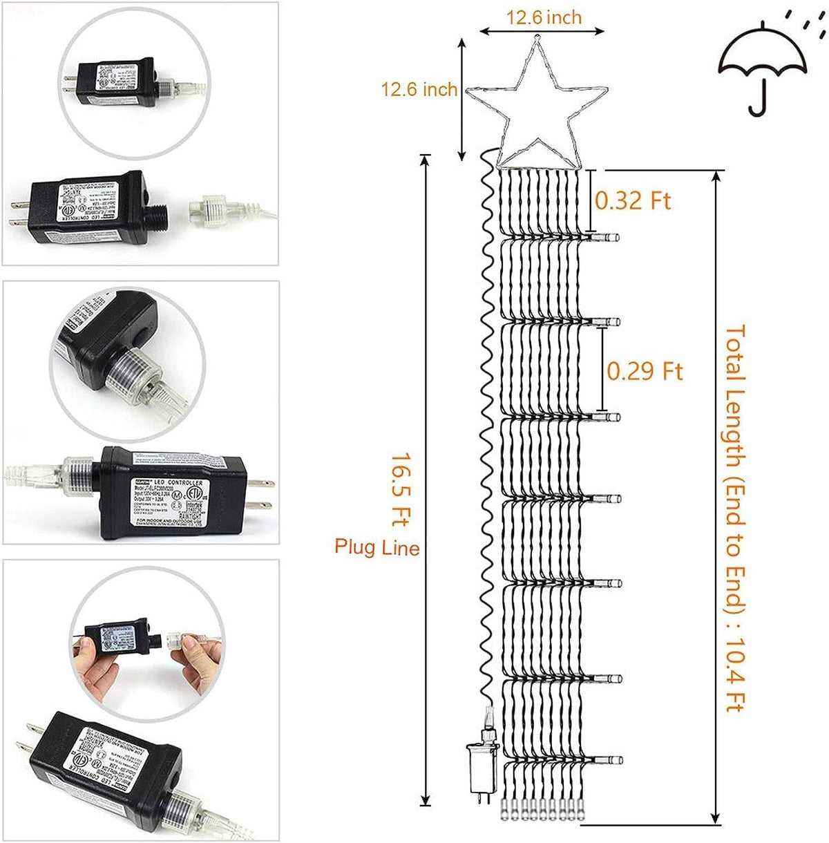 Christmas Decoration Lights, Outdoor Christmas String Lights 320 LED 11.5Ft Waterfall Tree Light with Big Star Topper Waterproof 8 Light Modes for Xmas New Year Holiday Yard Outdoor Indoor Decor